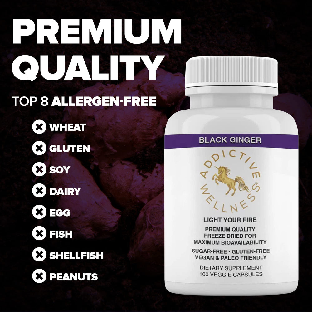 Addictive Wellness Black Ginger bottle on table ready for daily use