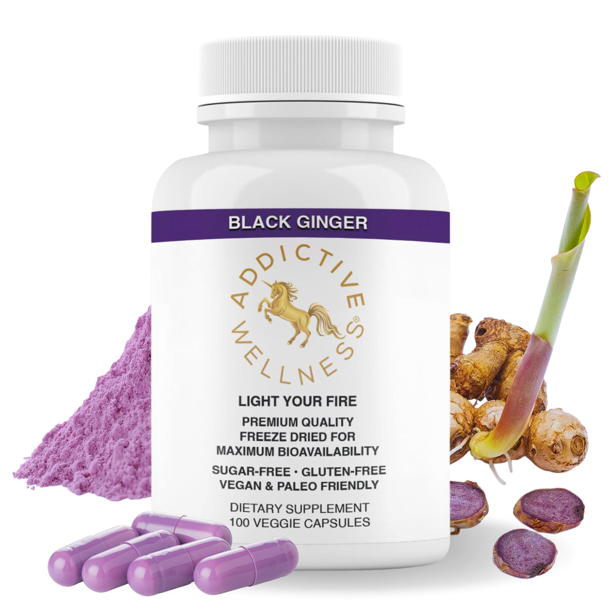Addictive Wellness Black Ginger capsules bottle front showing energy support potential