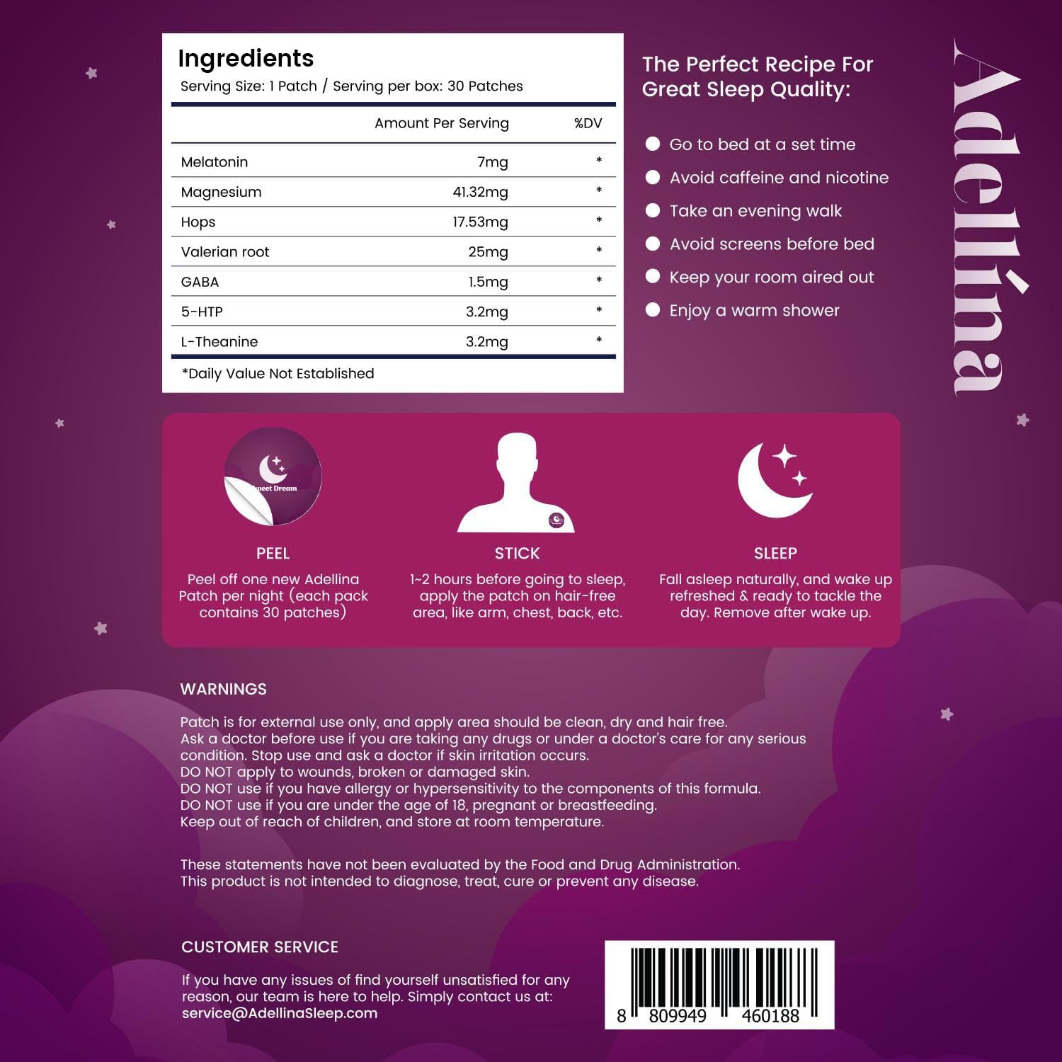 Adellina Extended sleep support visual highlights patch-based comfort.