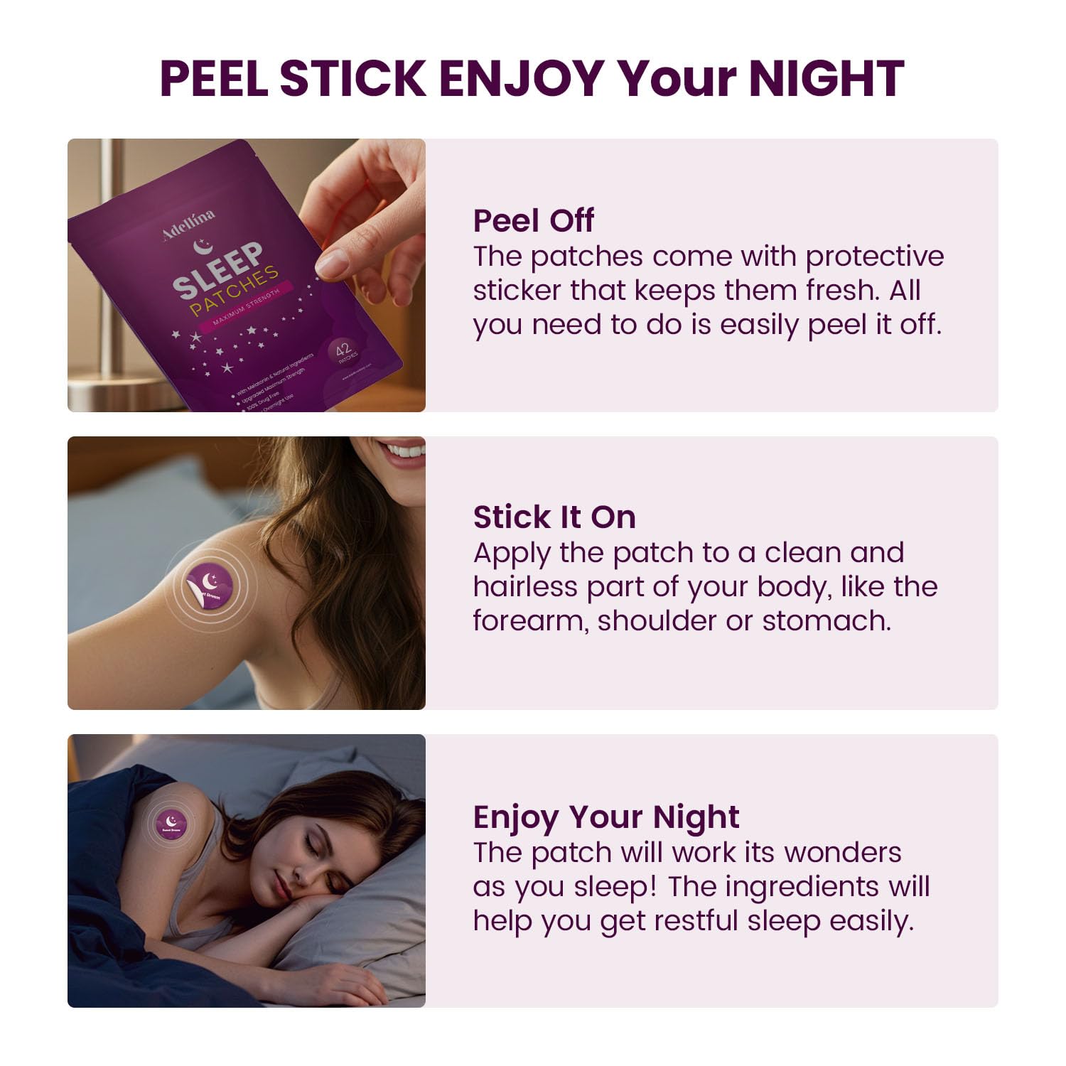 Adellina Patch on skin demonstrates easy adhesive patch for bedtime routine.