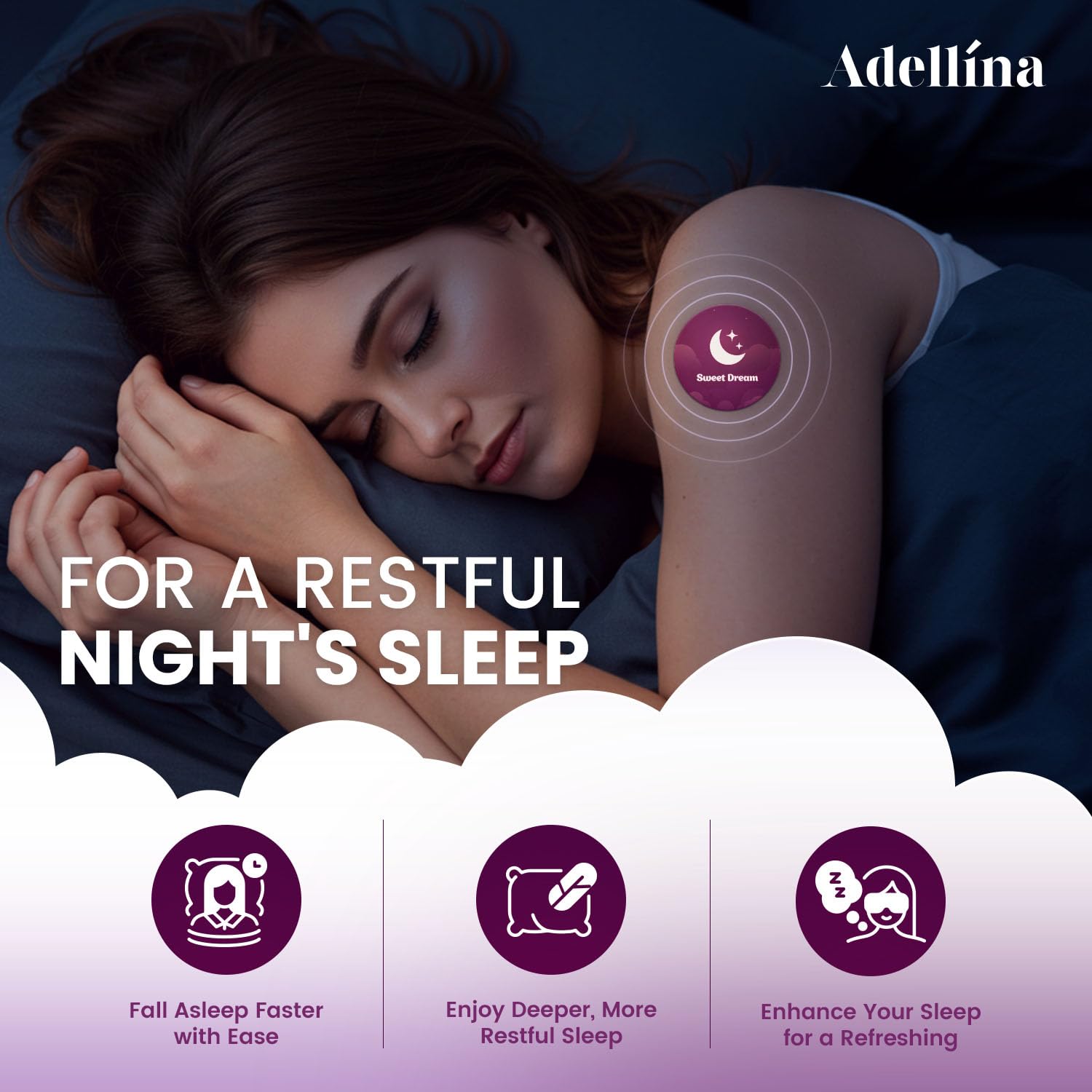 Adellina Sleep Patches applied to arm for gradual release and calm night.