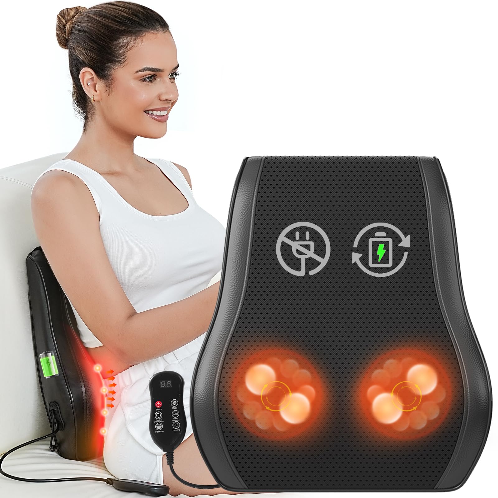 Admbm rechargeable back massager with heat for cordless use and deep relaxation.