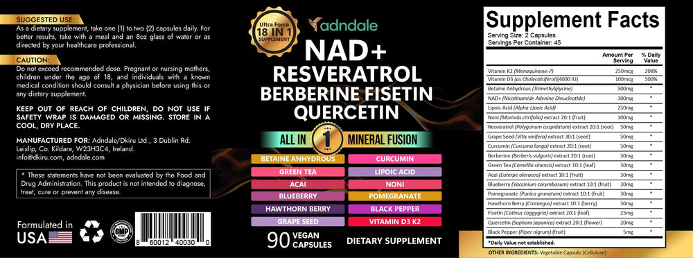 Adndale NAD Resveratrol bottle with label texture hints premium wellness support.