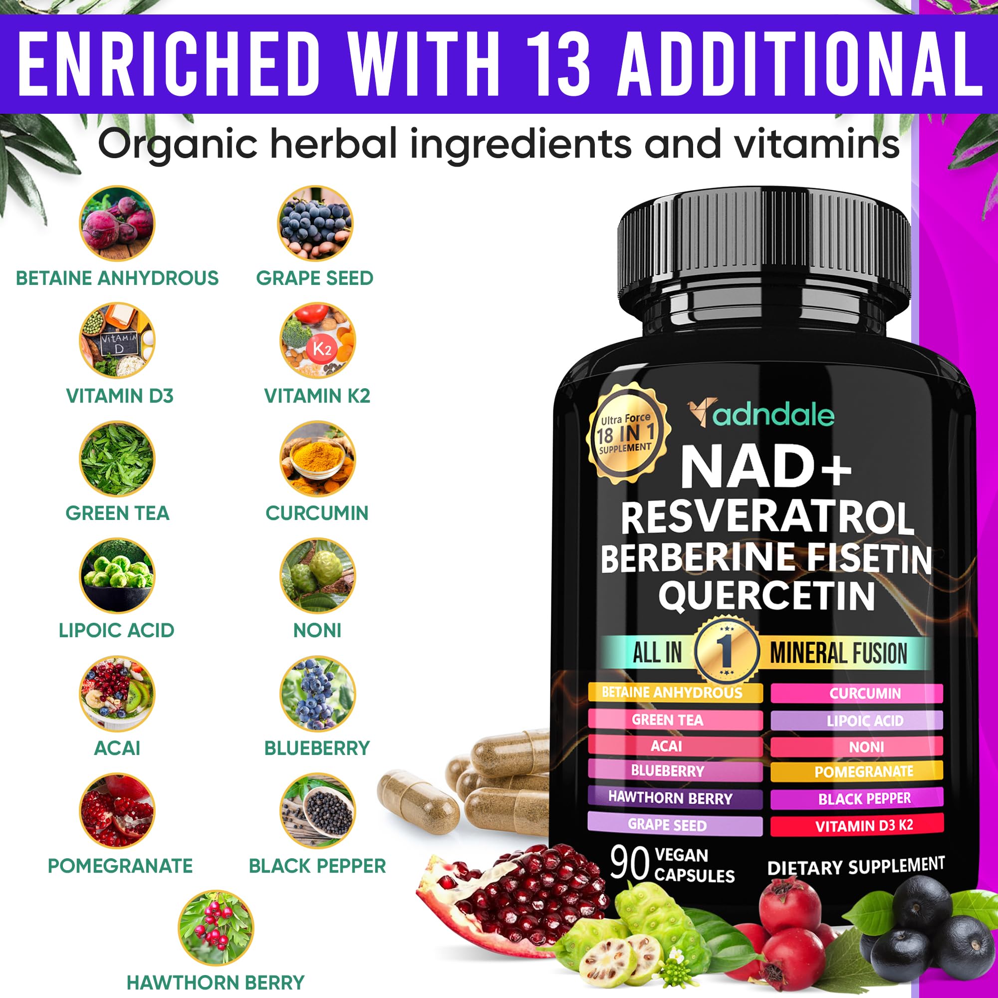 Adndale NAD Resveratrol label ingredients section shows diverse 18-in-1 blend.