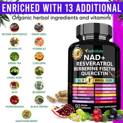 Adndale NAD Resveratrol label ingredients section shows diverse 18-in-1 blend.