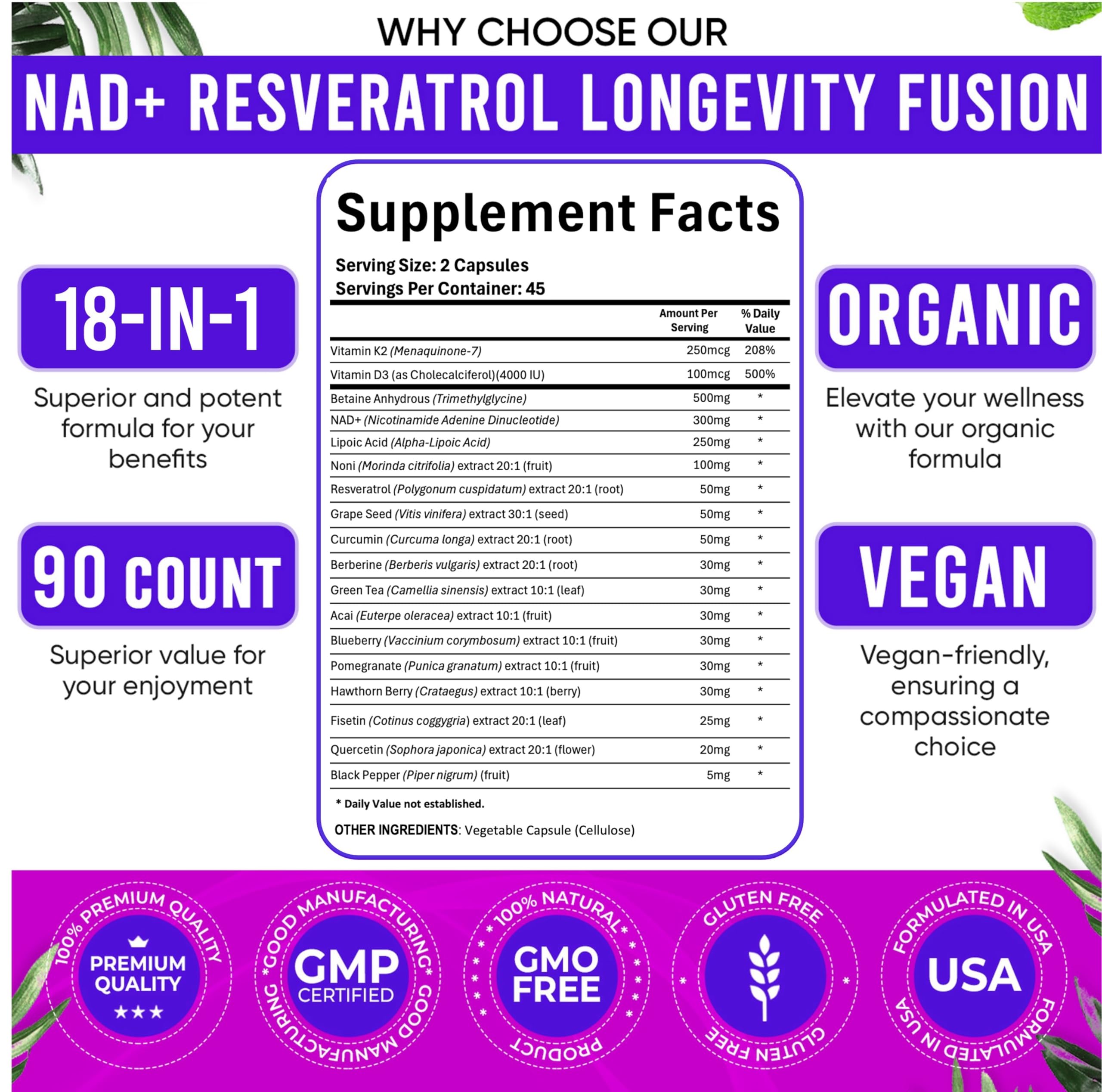 Adndale NAD Resveratrol vegan gelatin-free badge signals clean dietary option.