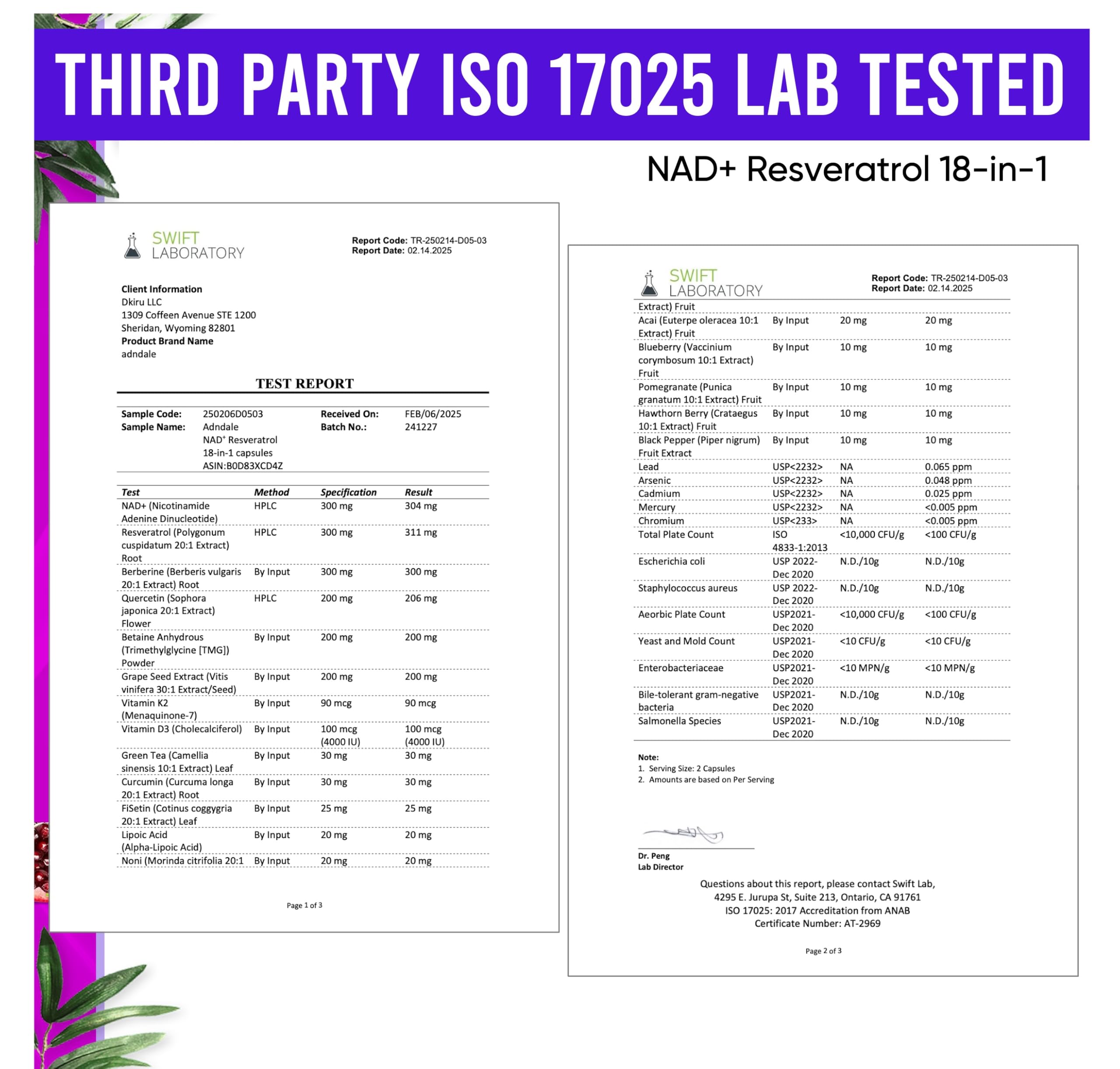 Adndale NAD supplement label-detail showcases NAD+, Trans-Resveratrol, Quercetin for potential cellular support.