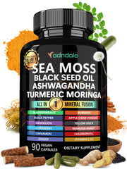Adndale Sea Moss 18-in-1 Fusion bottle with capsules for daily wellness.