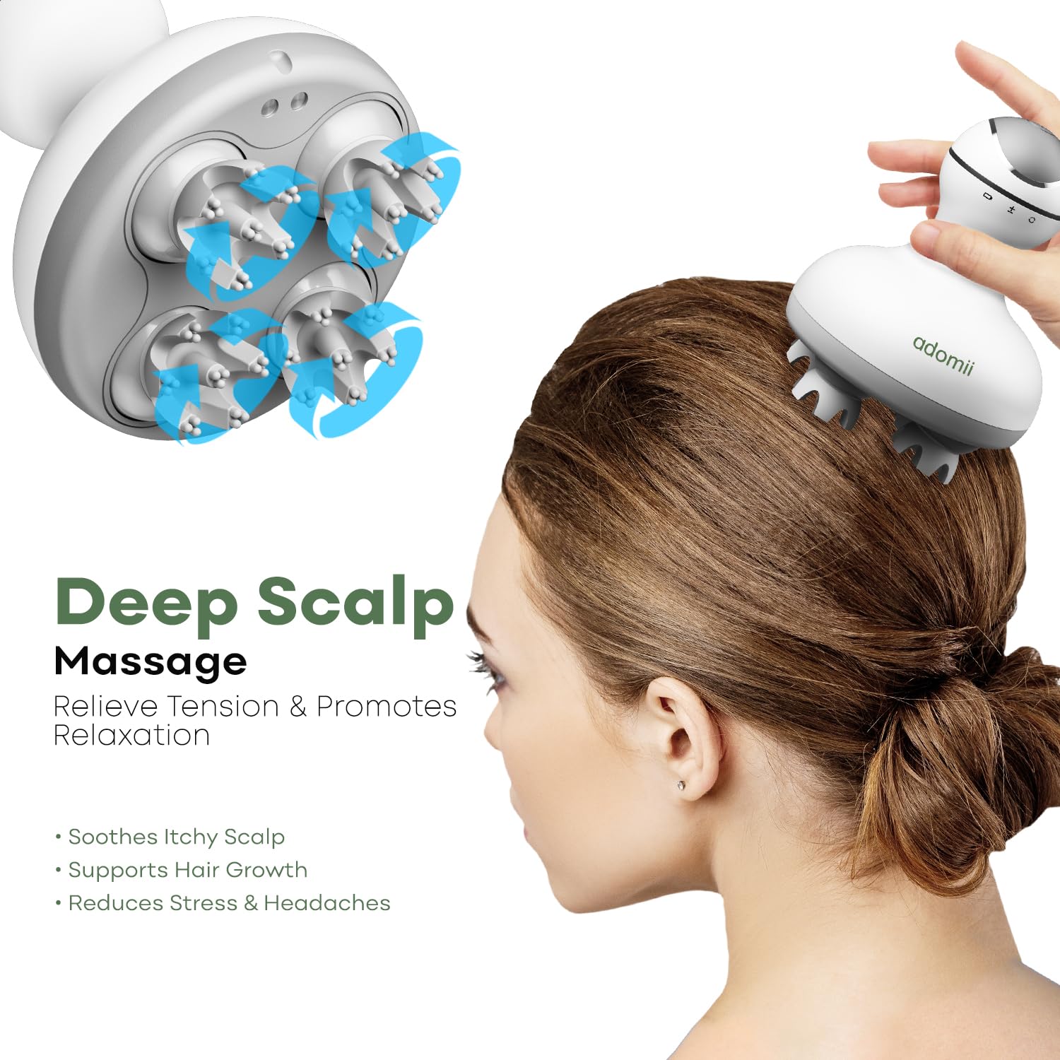 Adomii cordless rechargeable massager used for a spa-like experience.