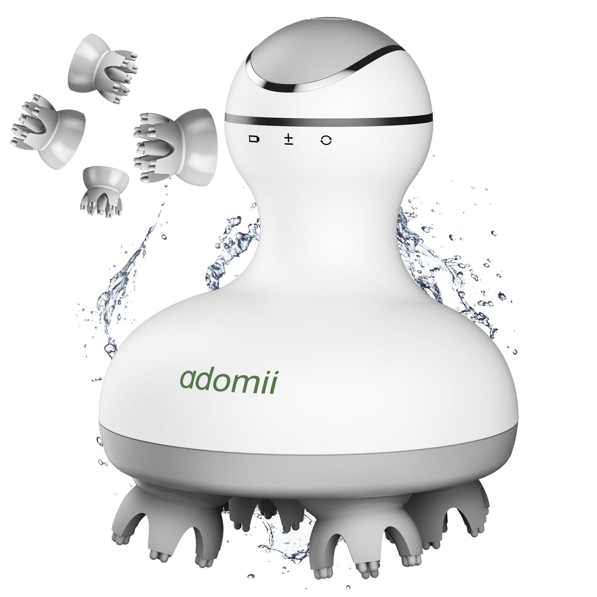 Adomii electric scalp massager close-up with 84 kneading nodes for deep relaxation.