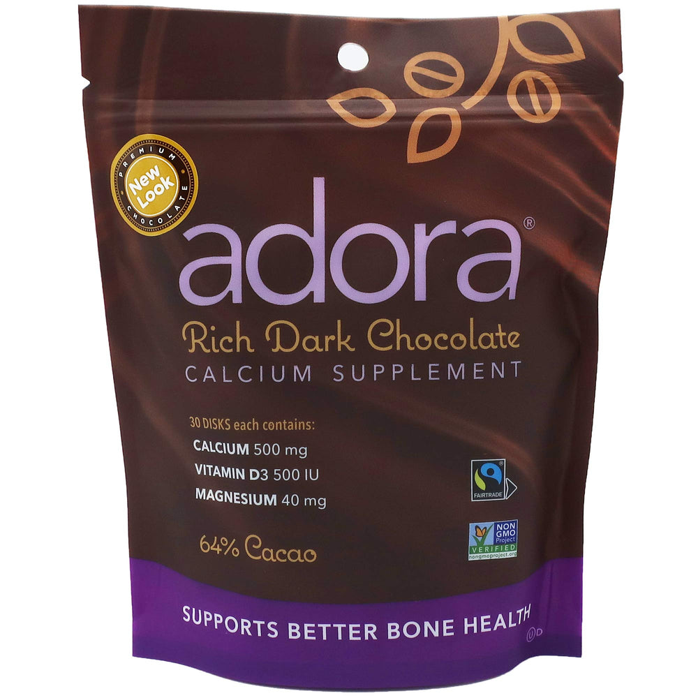 Adora calcium chocolate disk, smooth dark chocolate with added calcium, vitamin D3, and magnesium.