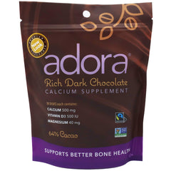 Adora calcium chocolate disk, smooth dark chocolate with added calcium, vitamin D3, and magnesium.