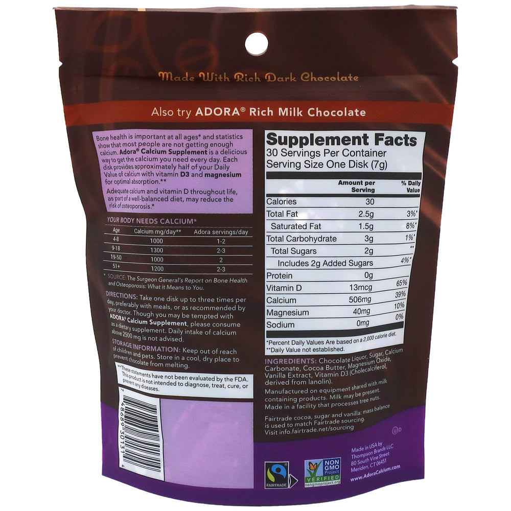 Adora calcium dark chocolate packaging shows Fairtrade and non-GMO features for ethical snacking.