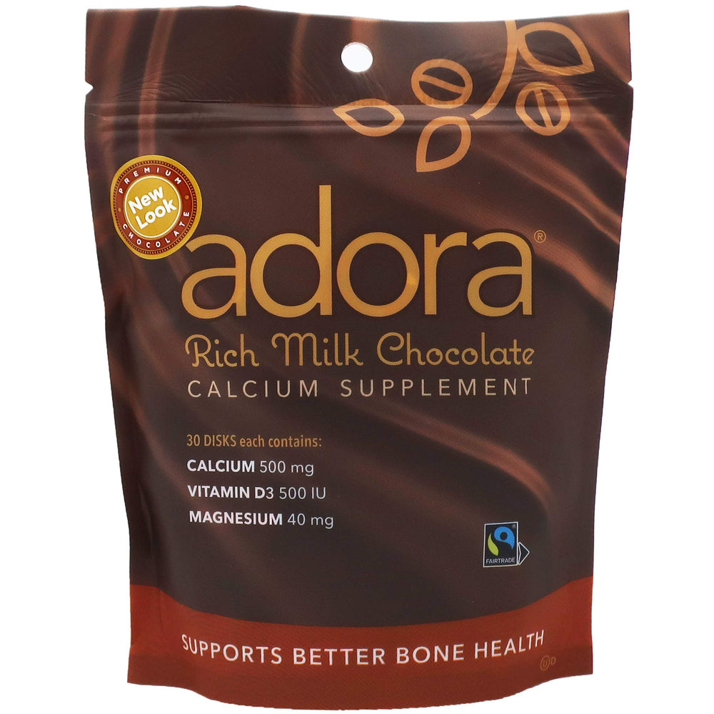 Adora Calcium Supplement disk in premium milk chocolate delivering roughly half daily calcium value.