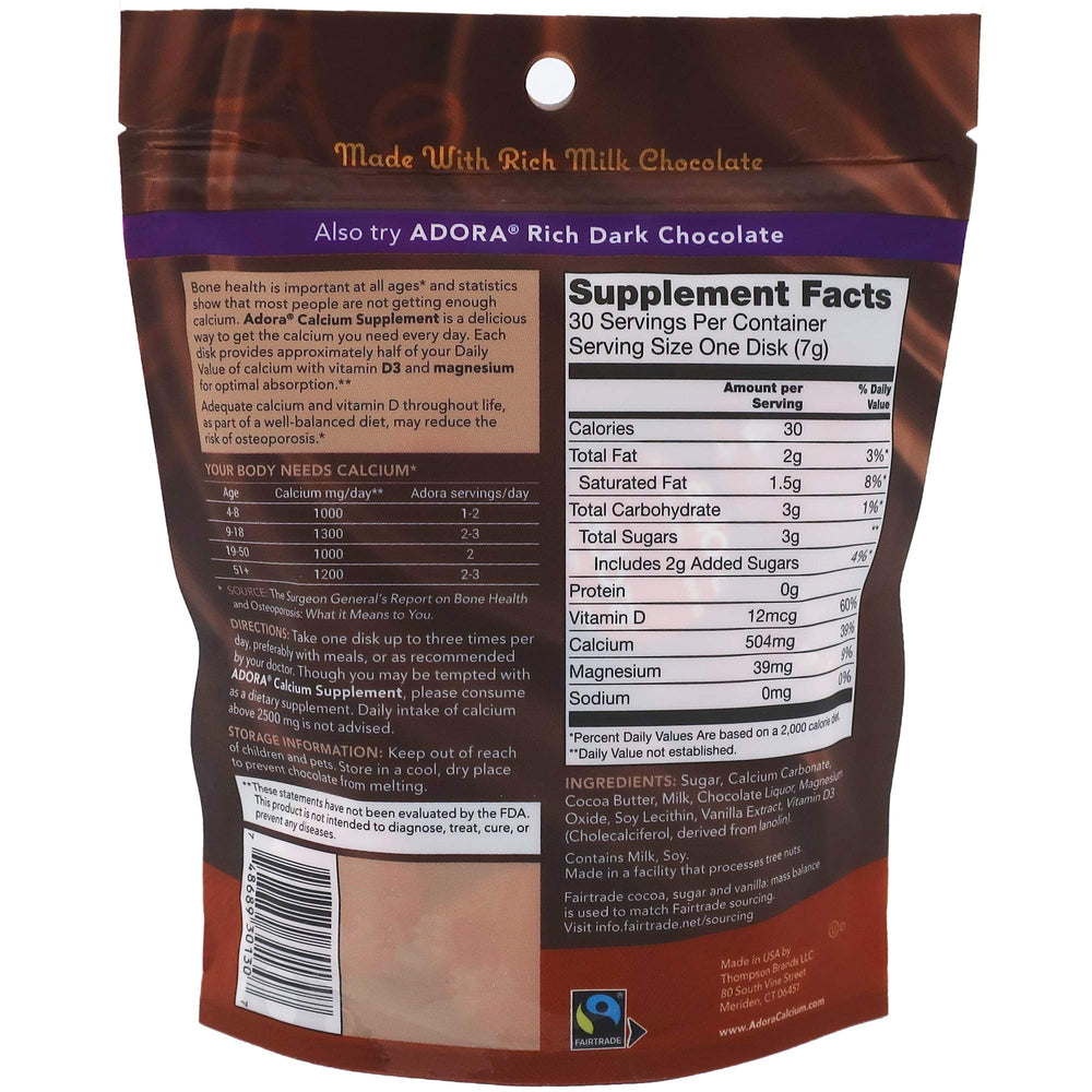 Adora Calcium Supplement single-pack 30-count, gluten-free and Fairtrade certified for mindful indulgence.