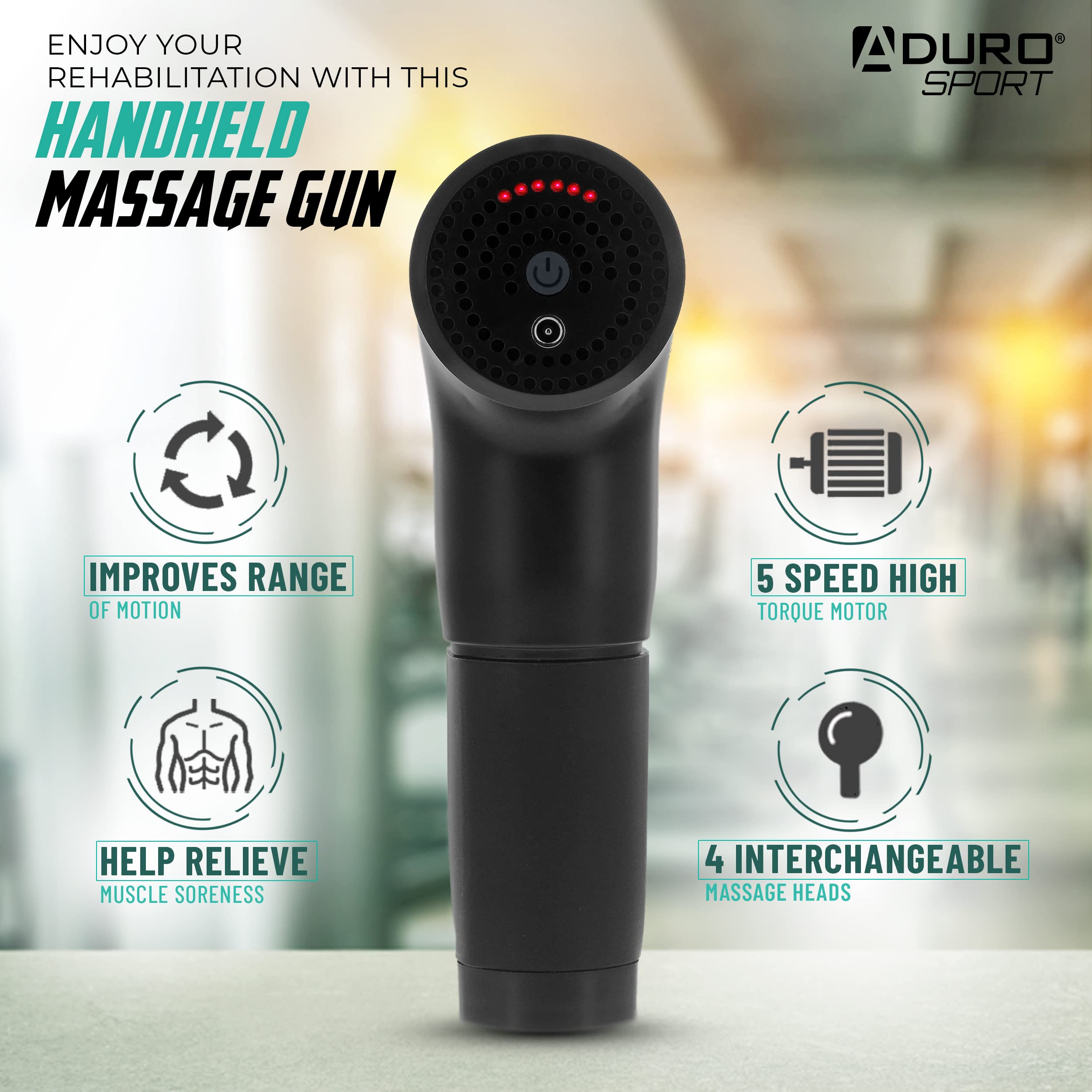 Aduro Sport hammer option head enhances percussion therapy precision.