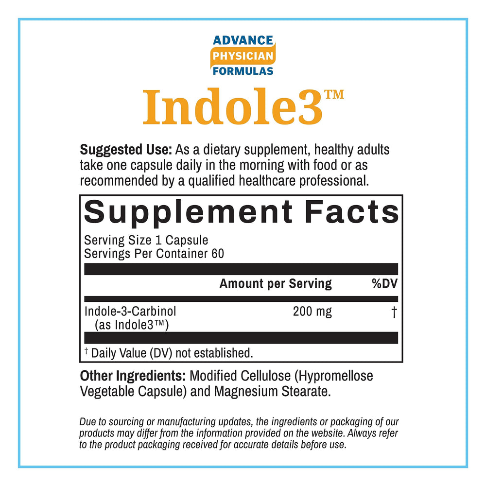 Advance Physician Formulas Indole-3-Carbinol label close-up highlights vegetarian formula
