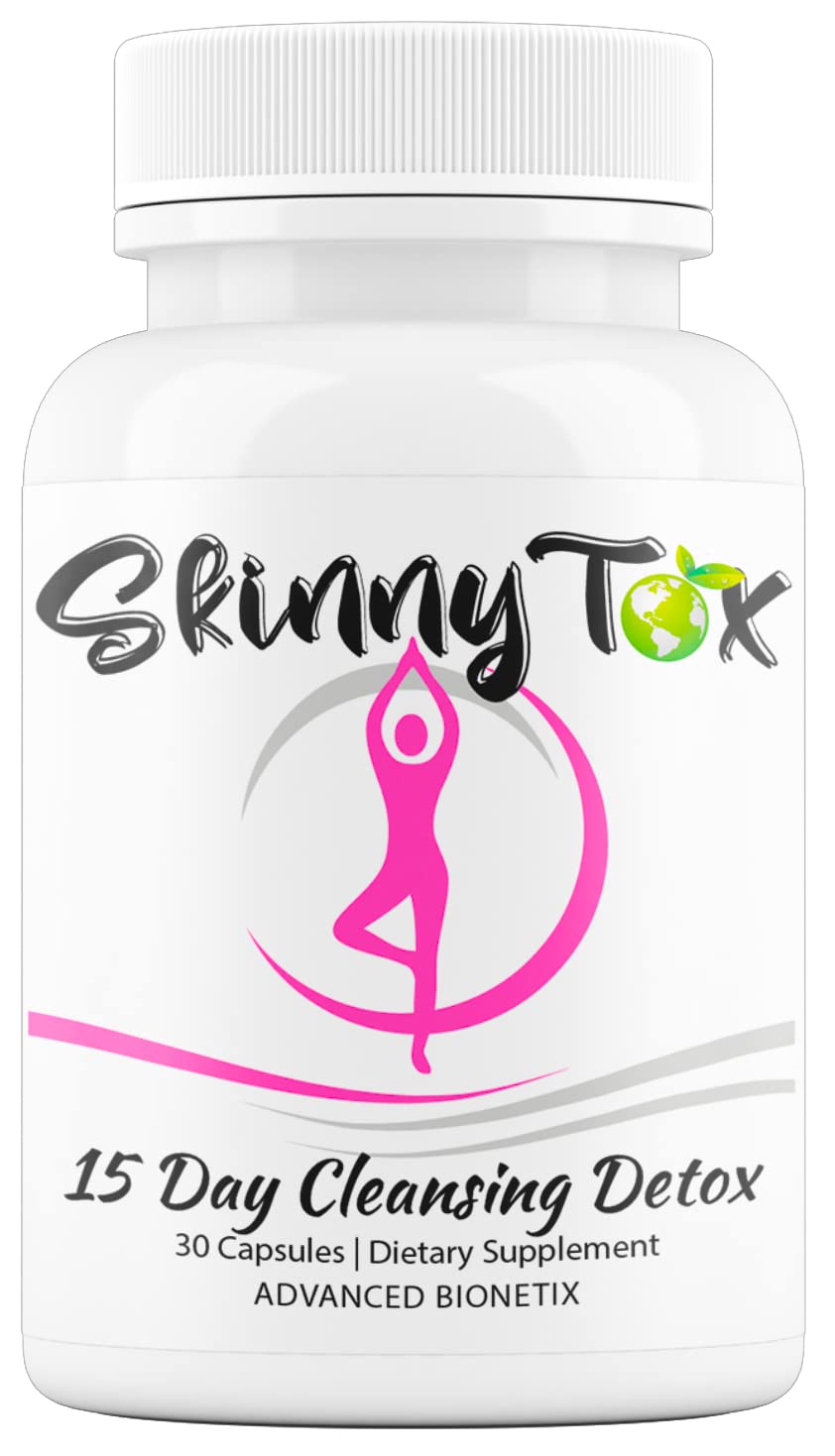 Advanced Bionetix Skinnytox bottle close-up with capsules for digestive support.