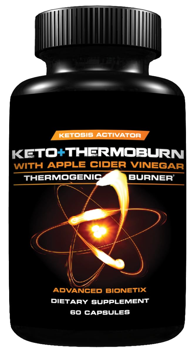 Advanced Bionetix ThermoBurn bottle with capsules for keto support and energy.