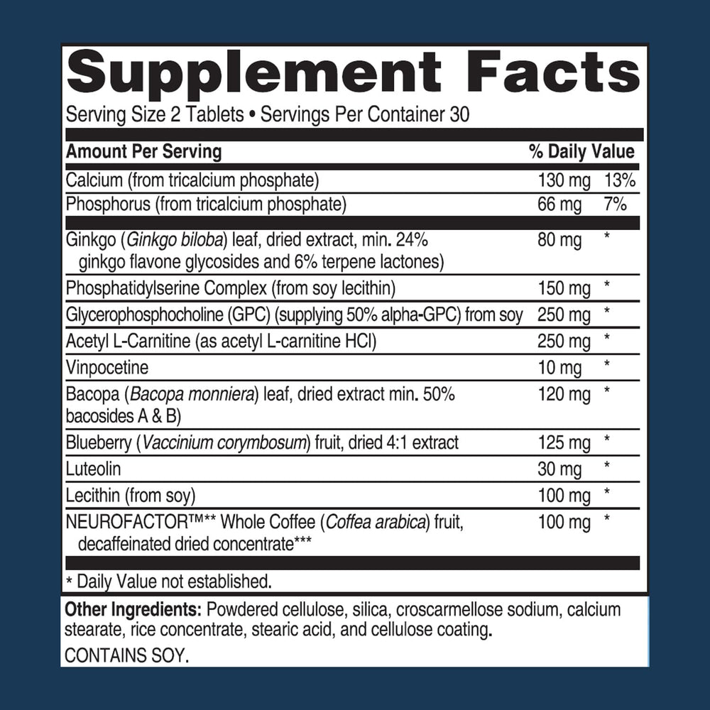Advanced Bionutritionals Advanced Memory Formula label close-up with bacopa and Alpha-GPC
