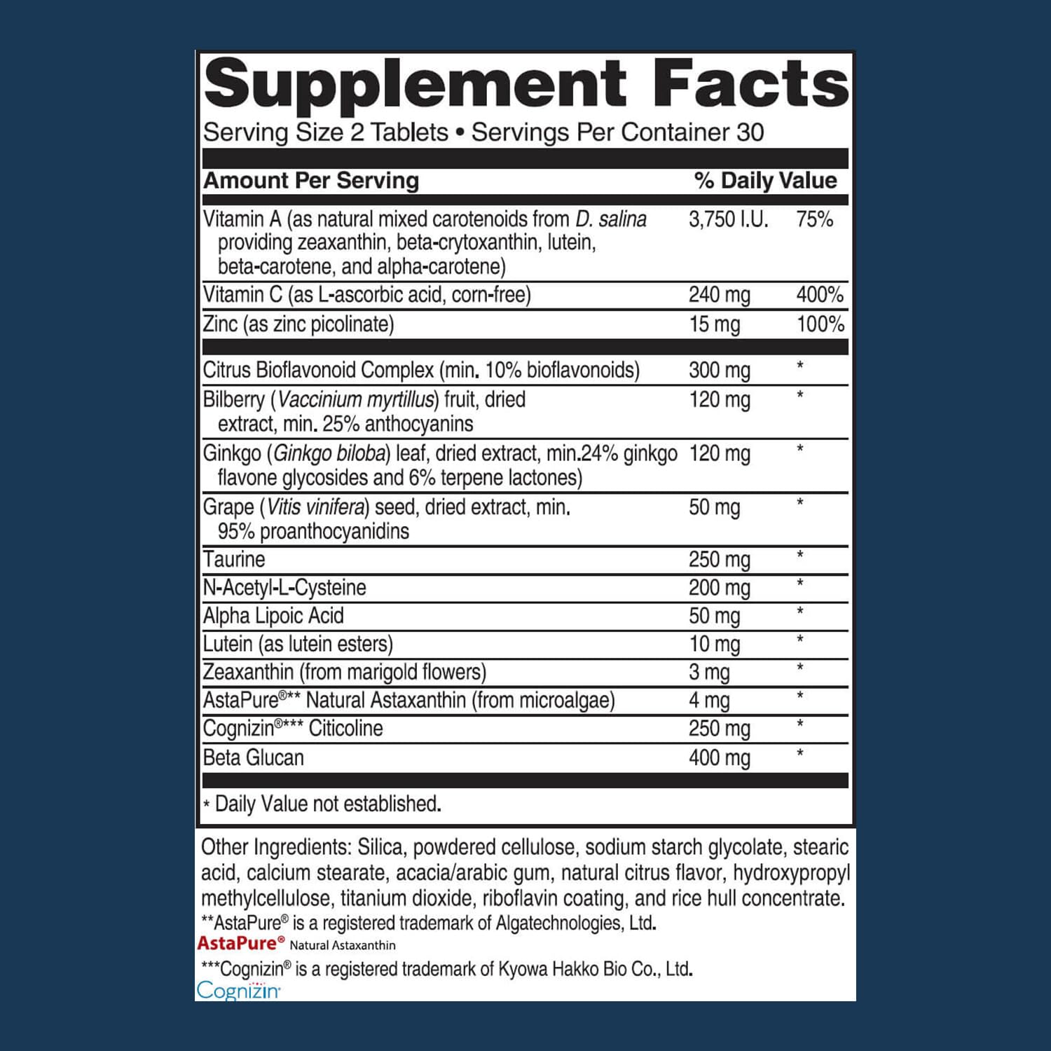 Advanced Vision Formula bottle closeup highlighting key nutrients for eye health.
