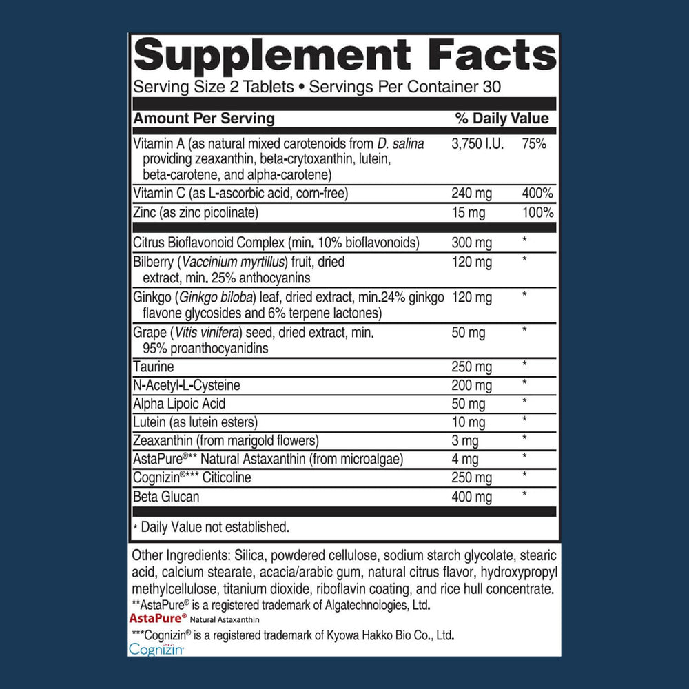 Advanced Vision Formula bottle closeup highlighting key nutrients for eye health.