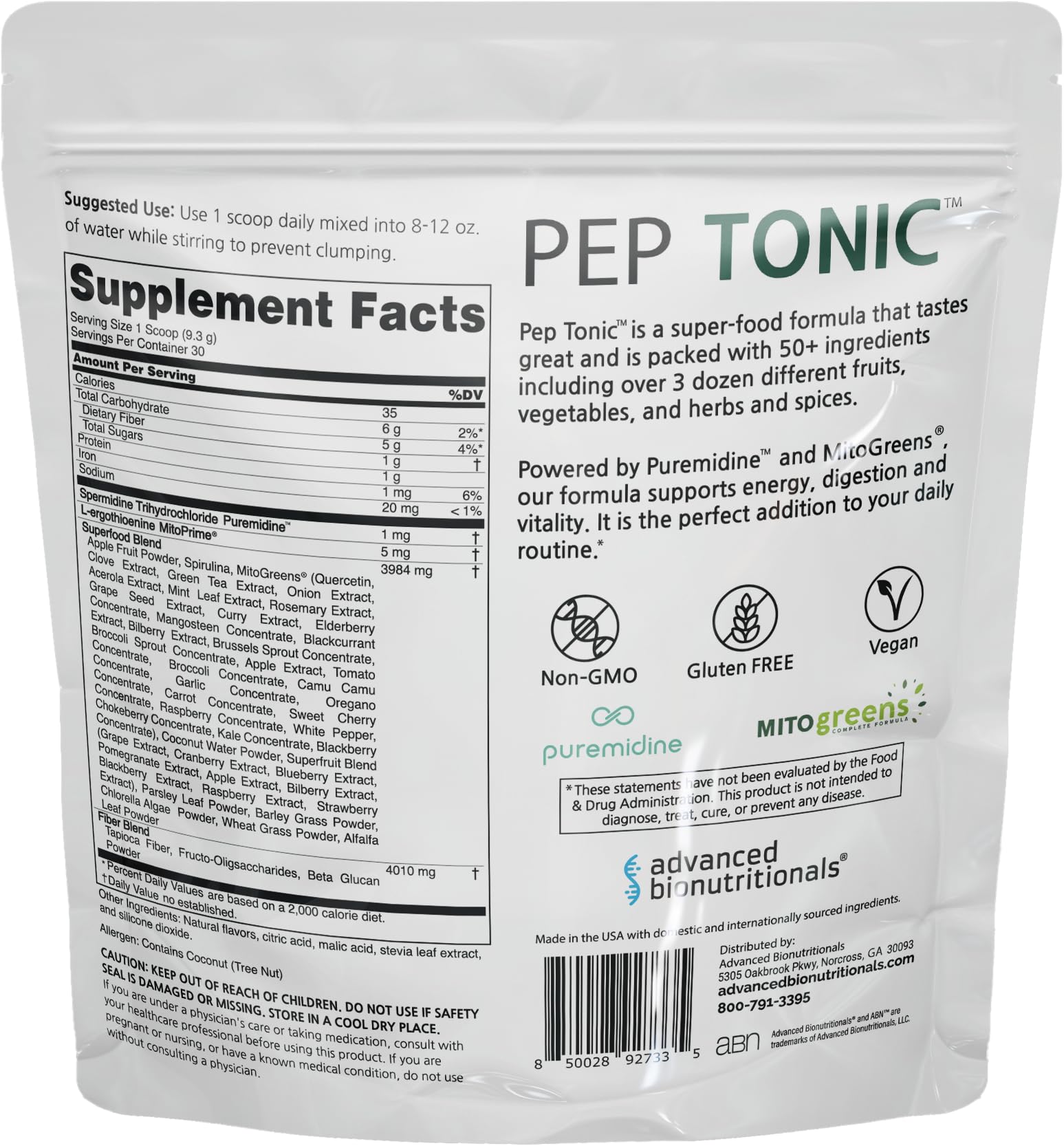 Pep Tonic glass with juice shows hydration and a fruity greens boost.