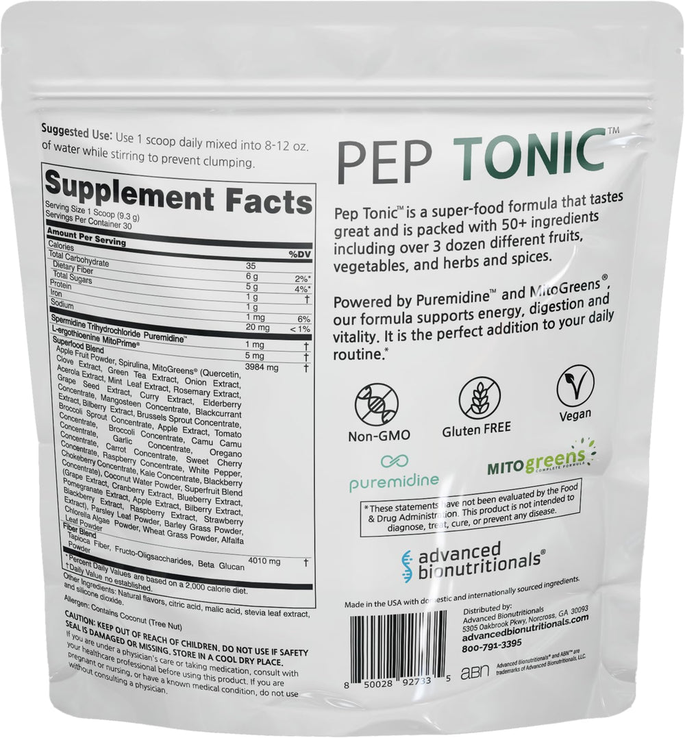 Pep Tonic glass with juice shows hydration and a fruity greens boost.