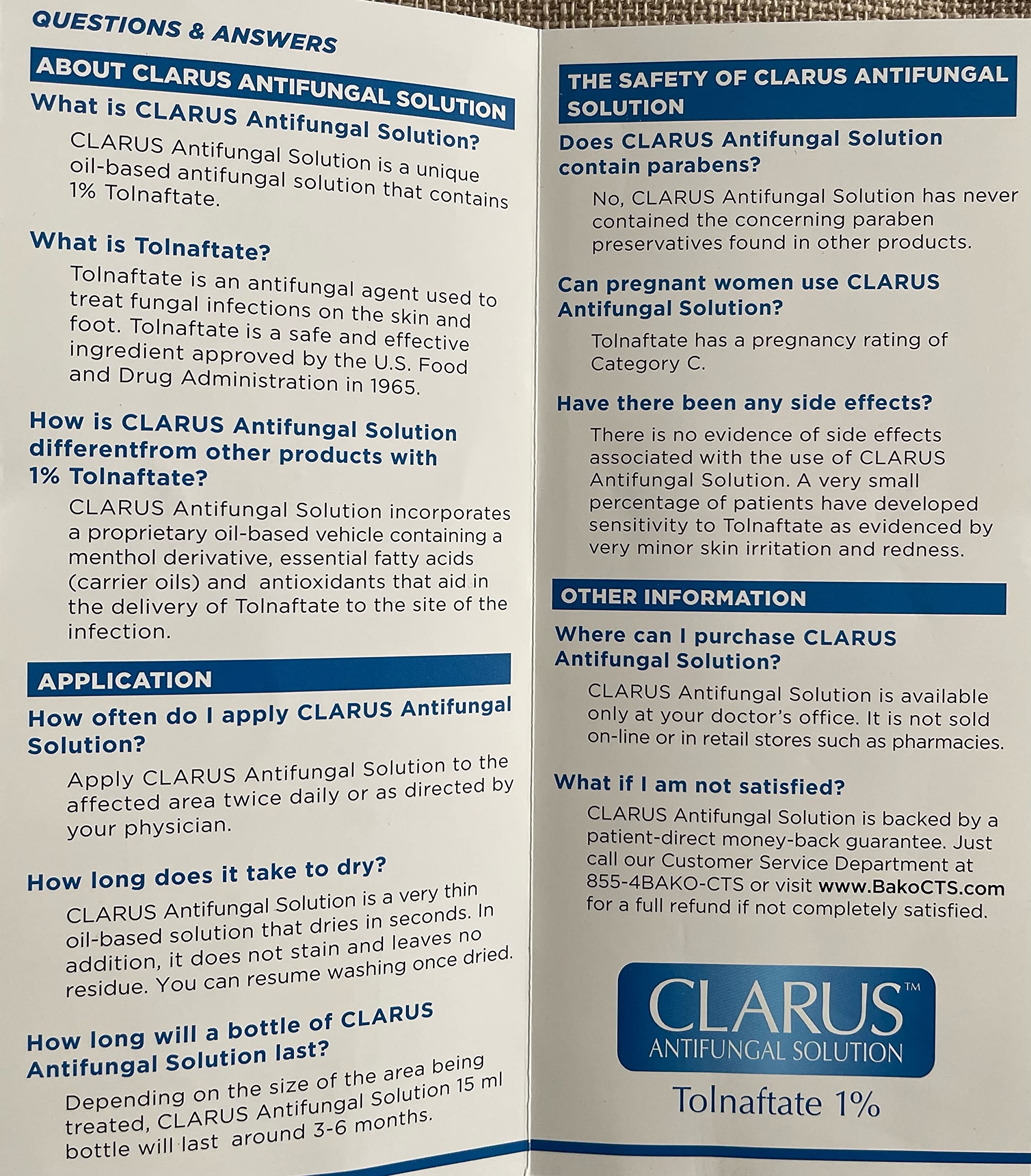 Closeup of Clarus Solution label showing 1% antifungal details.
