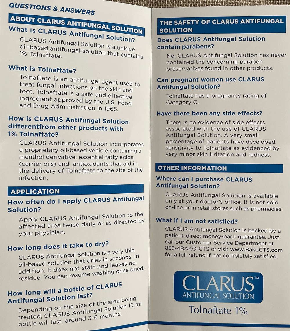 Closeup of Clarus Solution label showing 1% antifungal details.
