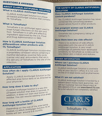 Closeup of Clarus Solution label showing 1% antifungal details.