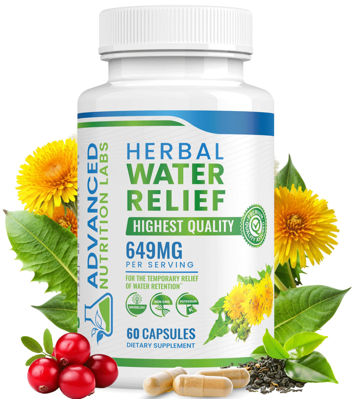 Advanced Nutrition Labs Water Relief bottle displaying the herbal diuretic blend for puffiness support
