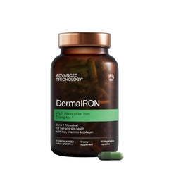 Advanced Trichology Derma-Iron bottle highlighting hair and skin support