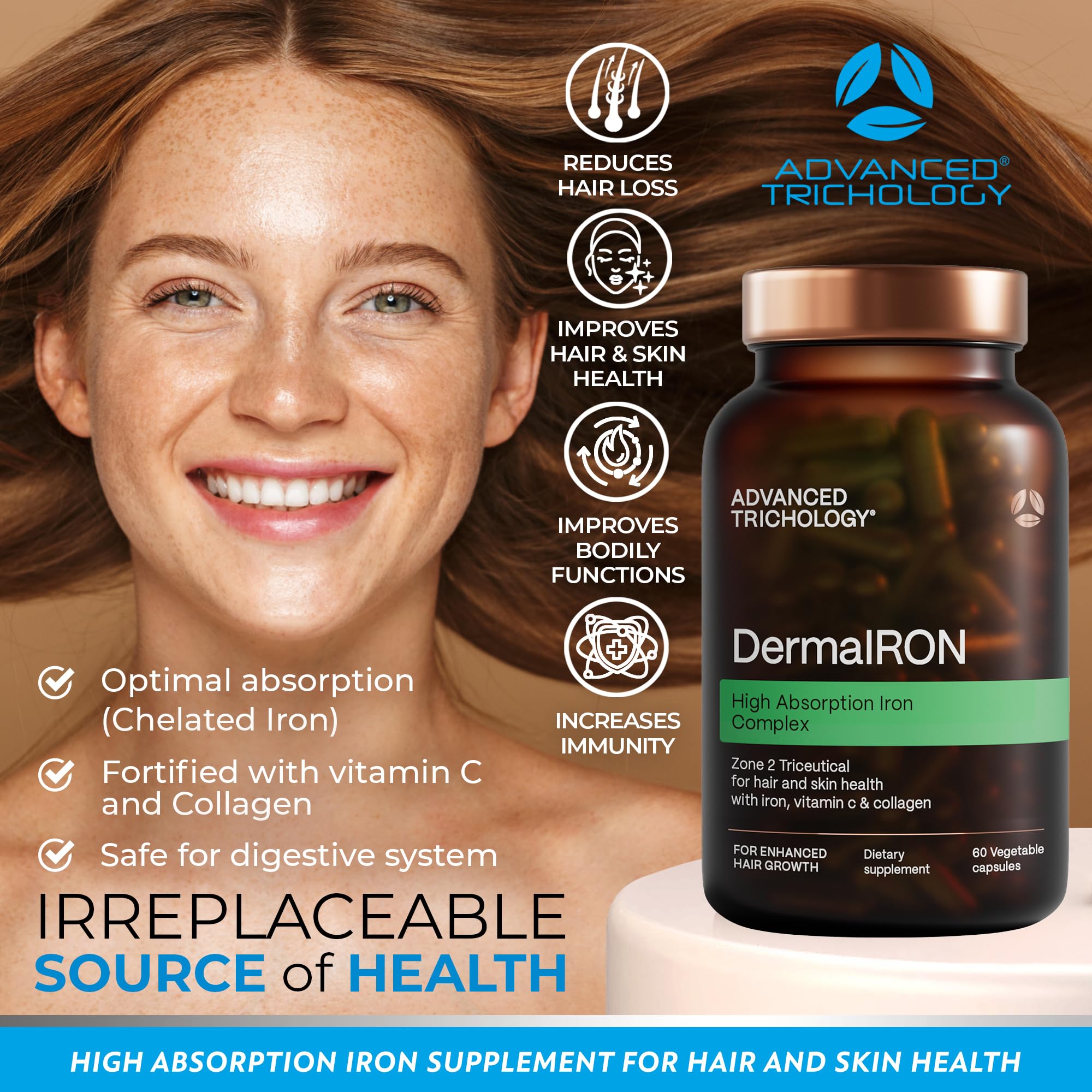Derma-Iron label closeup, gluten-free and stomach-friendly design