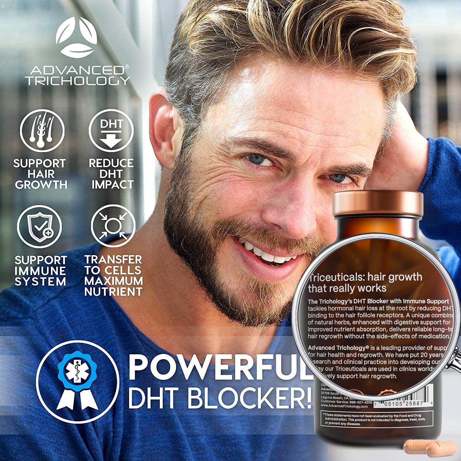 Packaging of Advanced Trichology DHT Blocker with AHLA reference
