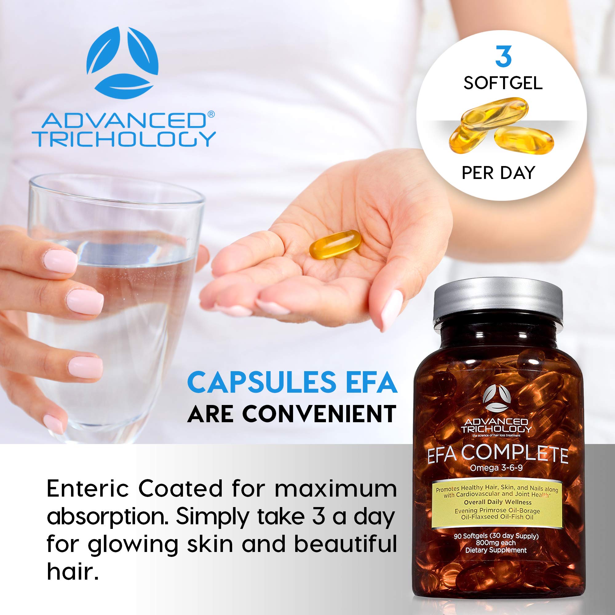 Back panel of Advanced Trichology EFA Complete bottle detailing oils and fatty acids