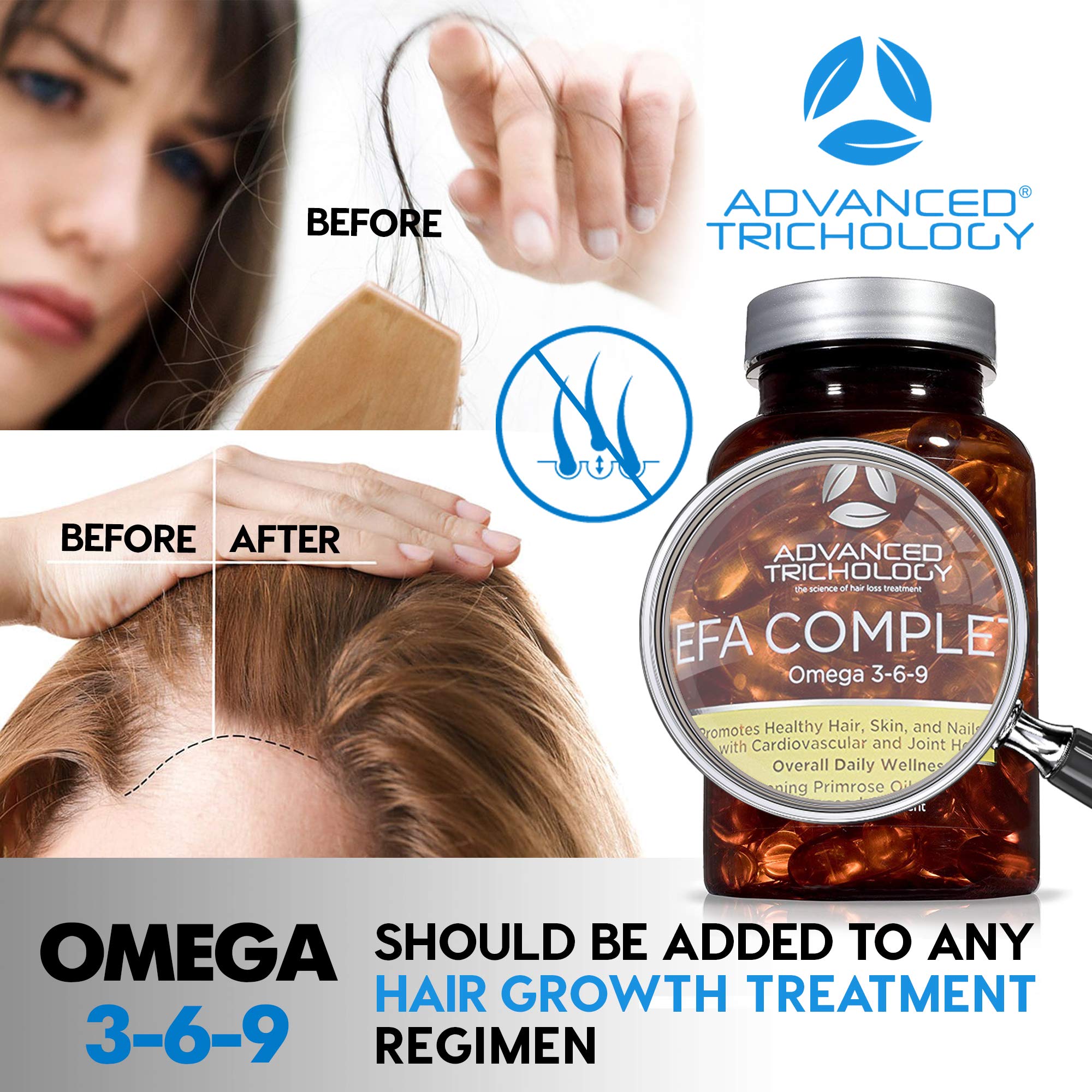 Glass with oil and capsules from Advanced Trichology EFA Complete on a clean surface