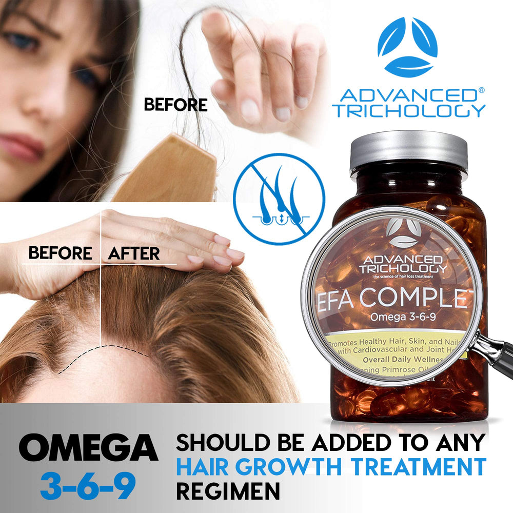 Glass with oil and capsules from Advanced Trichology EFA Complete on a clean surface