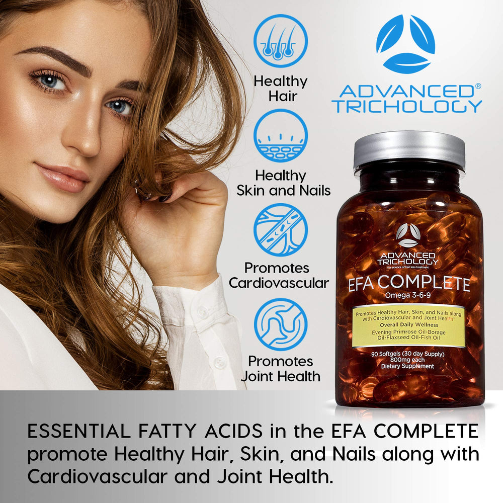 Label close-up on Advanced Trichology EFA Complete bottle with ingredient highlights