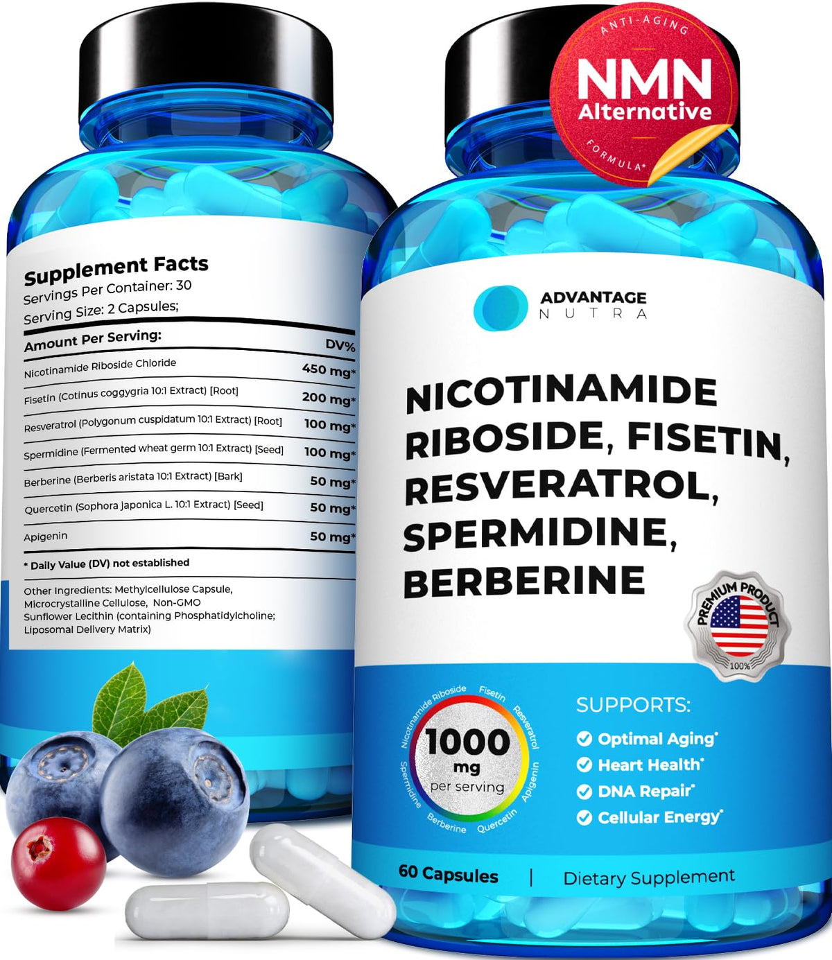 AdvantageNutra liposomal nicotinamide riboside bottle for steady daytime energy support