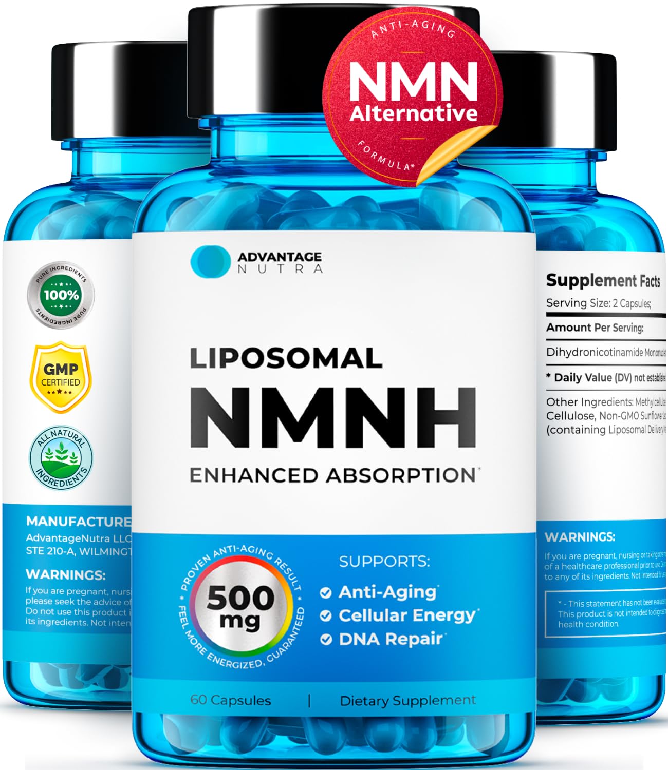 AdvantageNutra Liposomal NMNH 500mg bottle for convenient daily NAD+ support and easy dosing.