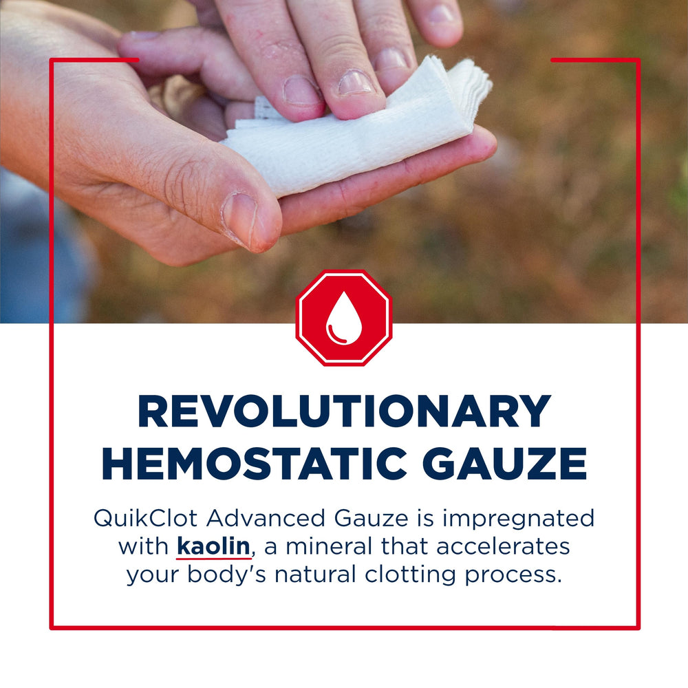 QuikClot Gauze two strips in a compact survival kit