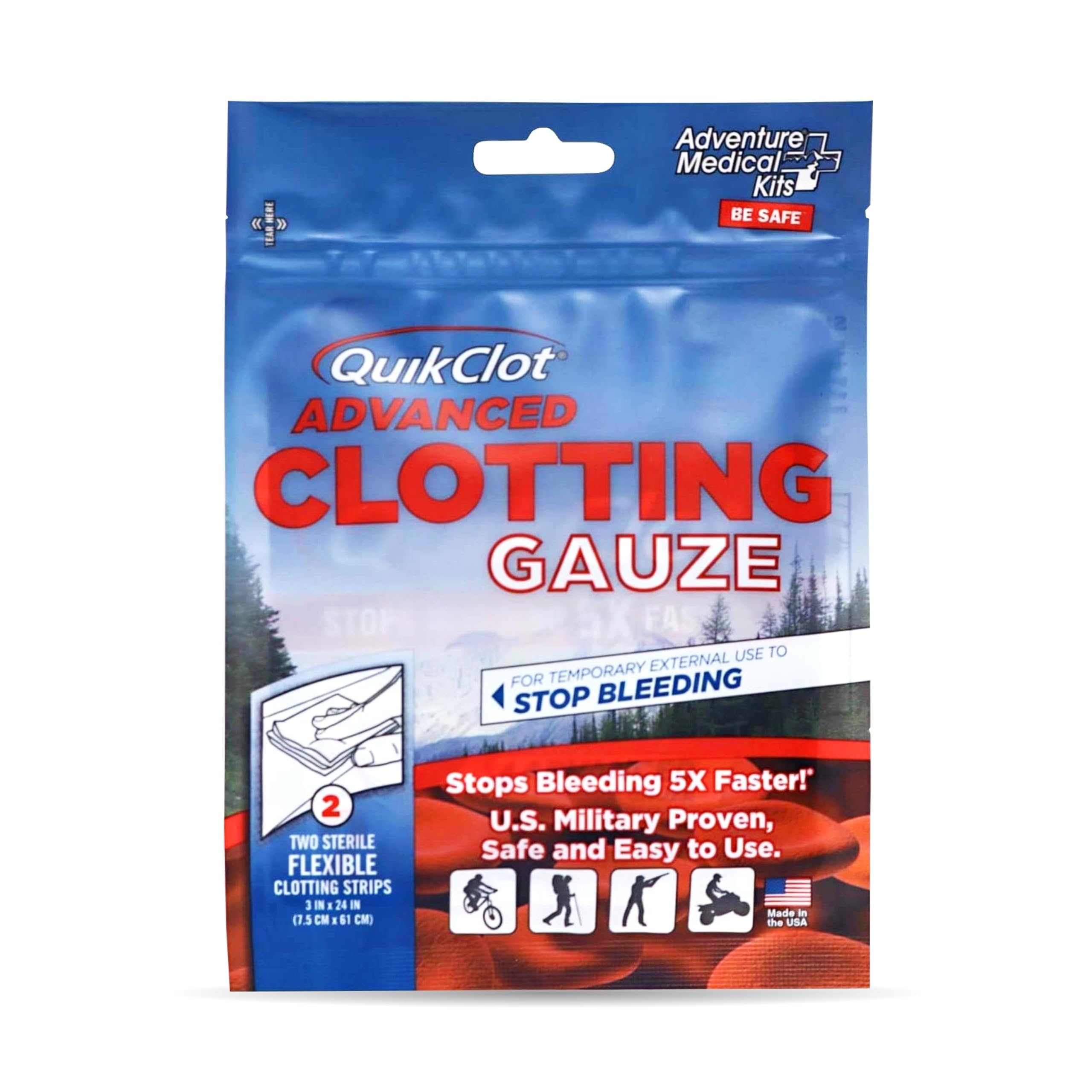 Adventure Medical Kits QuikClot Gauze 3x24 in use for rapid bleeding control