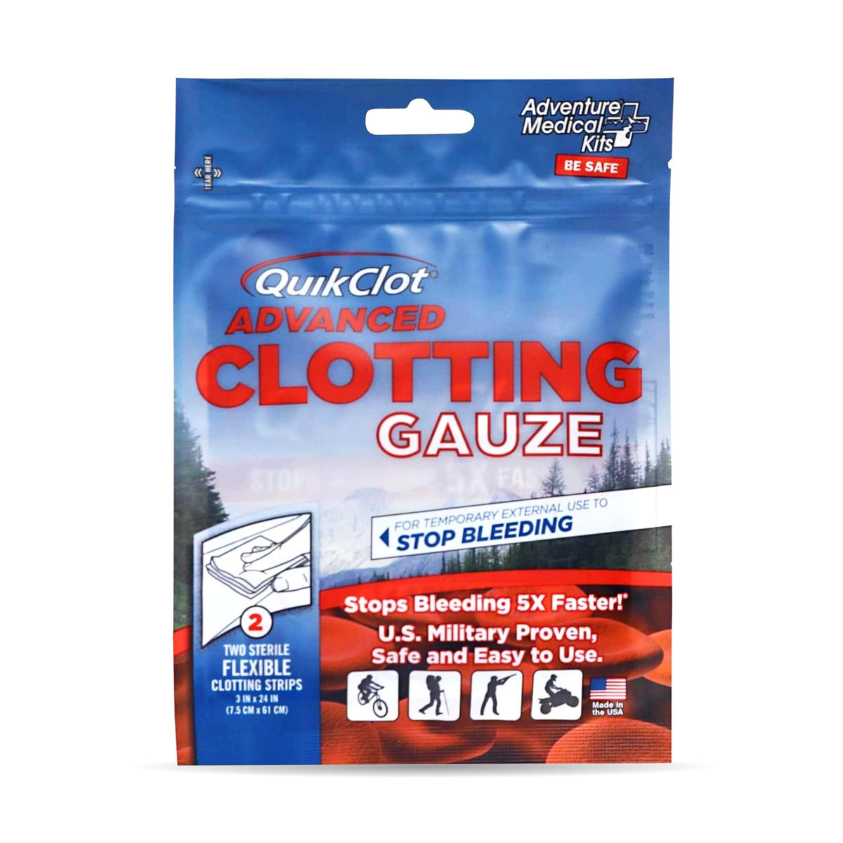 Adventure Medical Kits QuikClot Gauze 3x24 in use for rapid bleeding control