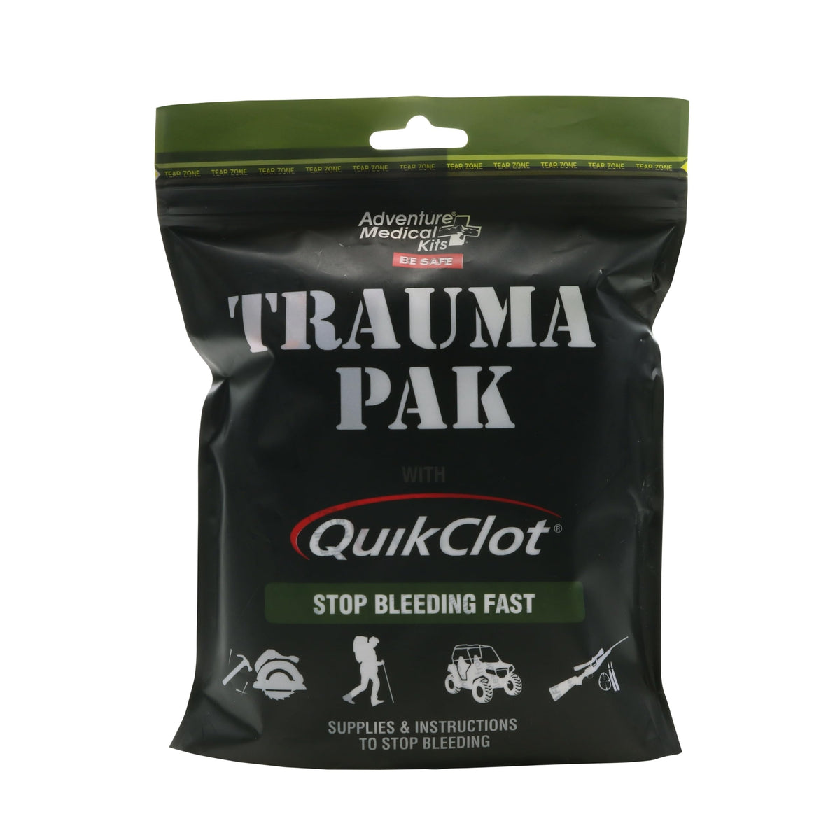 Adventure Medical Kits Trauma Pak with QuikClot gauze for rapid bleeding control in emergencies.