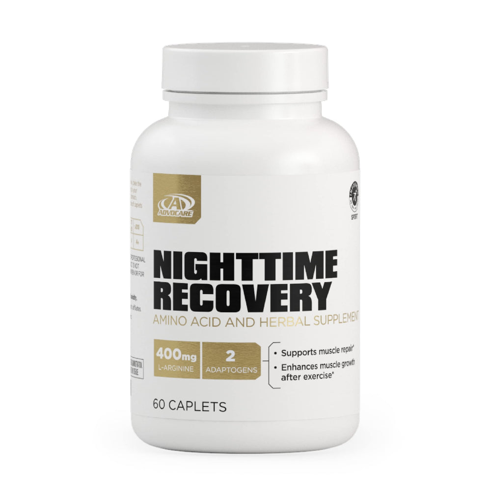 AdvoCare Nighttime Recovery caplets on a nightstand support restful muscle recovery.