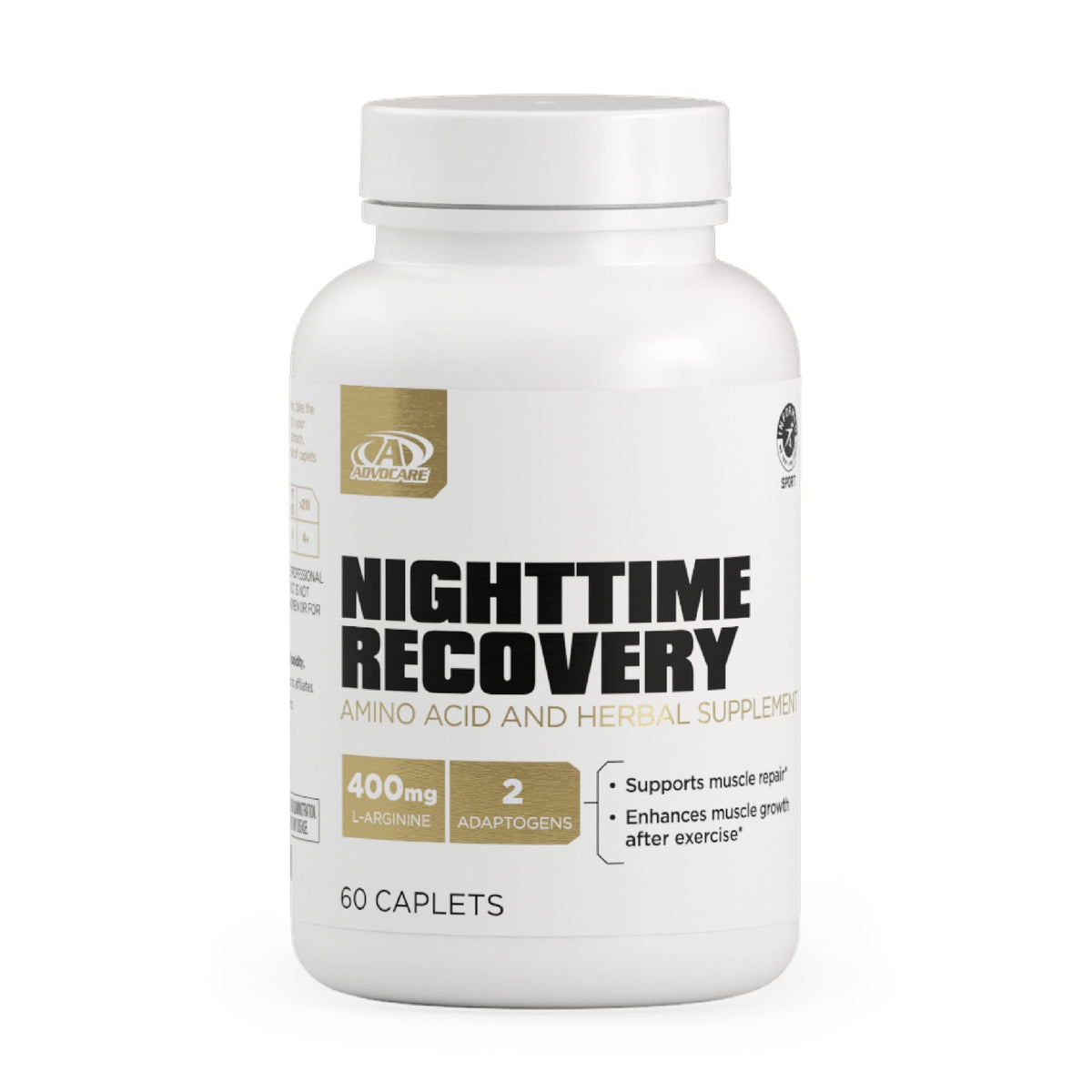 AdvoCare Nighttime Recovery caplets on a nightstand support restful muscle recovery.