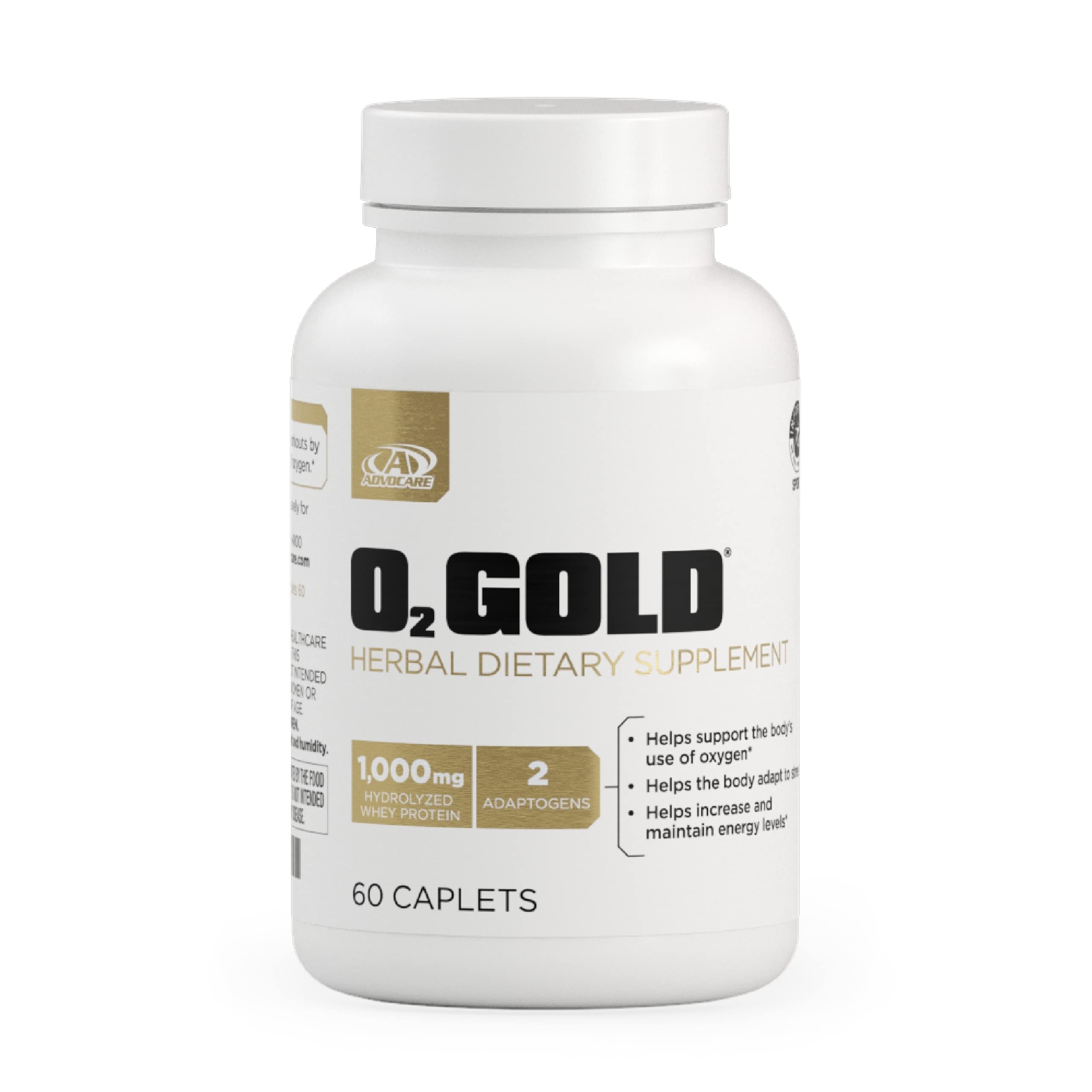 AdvoCare O2 Gold bottle cap close-up highlighting energy support and oxygen utilization