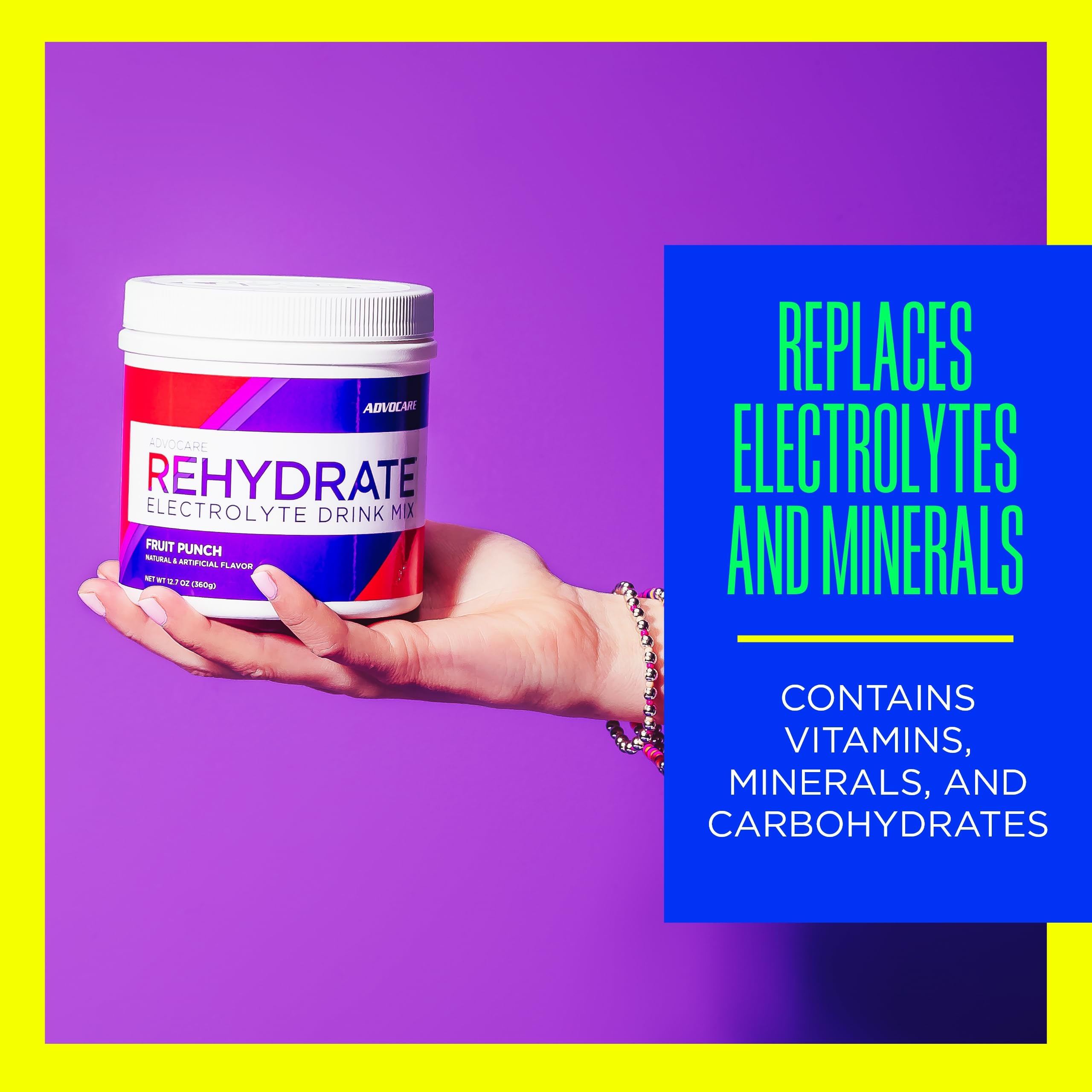 Glass of prepared AdvoCare Rehydrate Fruit Punch after mixing, refreshing hydration.