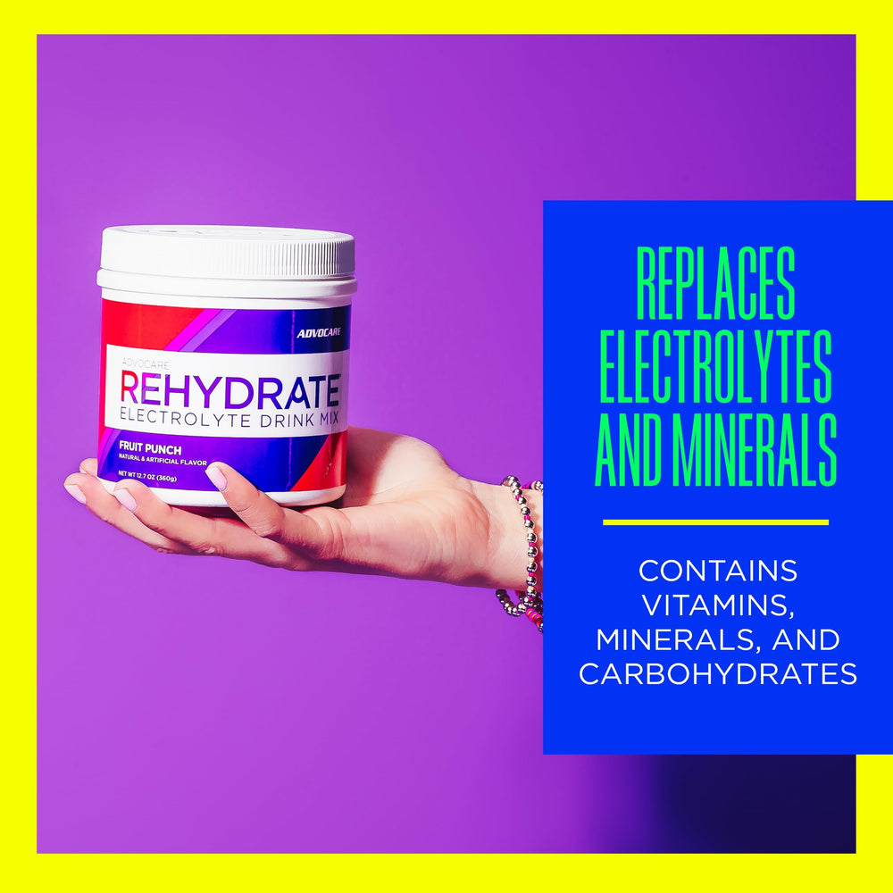Glass of prepared AdvoCare Rehydrate Fruit Punch after mixing, refreshing hydration.